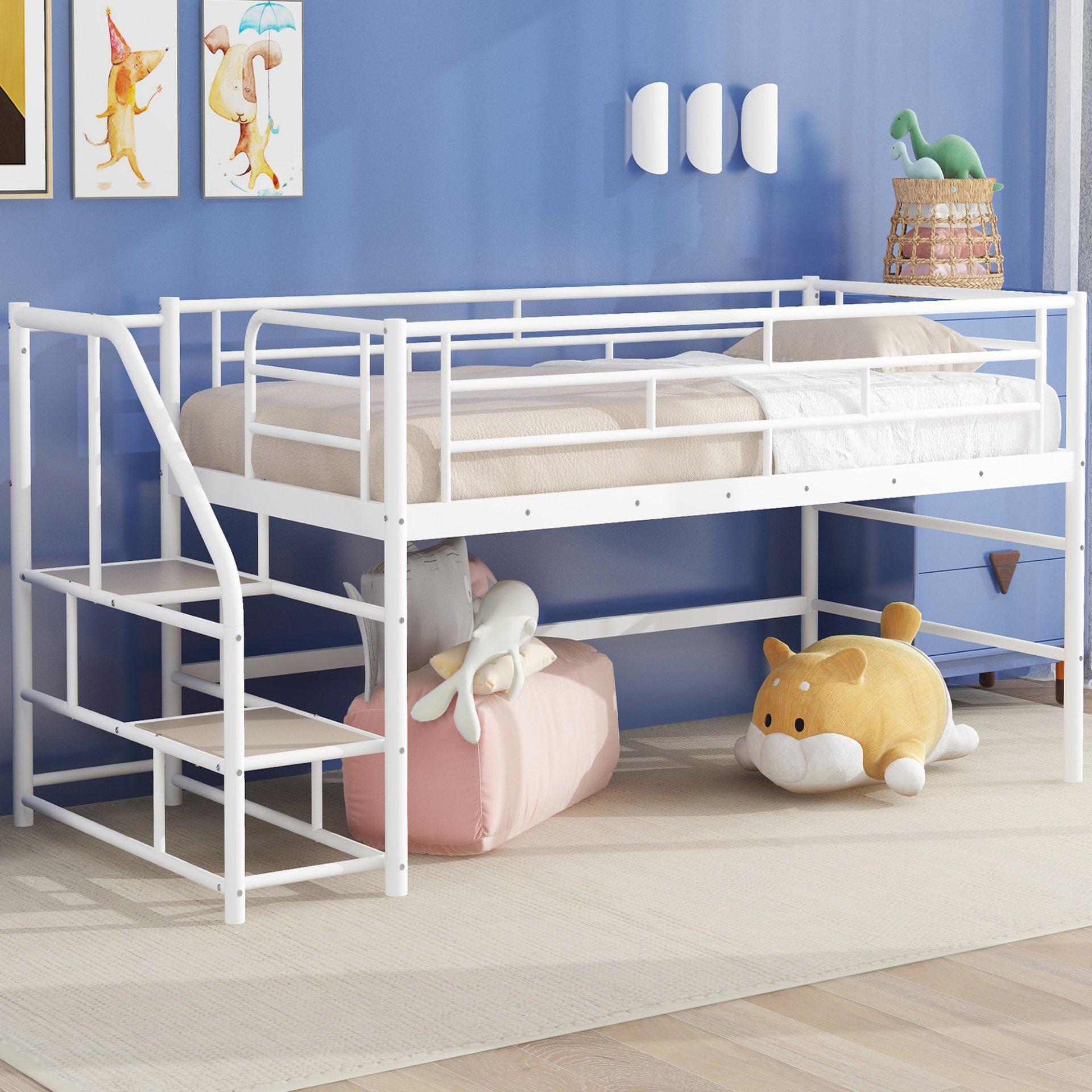Twin Mid Loft Bed With Storage Stairs And Metal Frame - White - Image 2