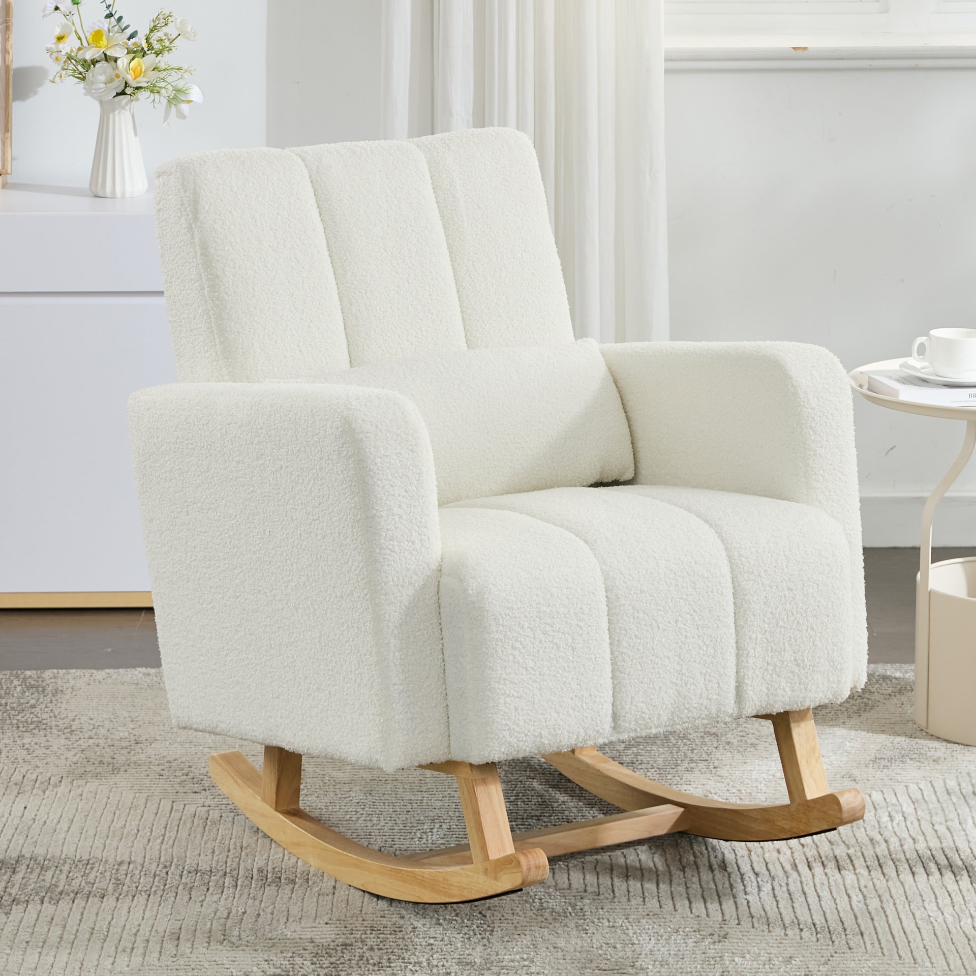 Accent Rocking Chair With Pillow, Spacious & Comfortable Seating For Living Room Or Bedroom - Cream White - Image 2
