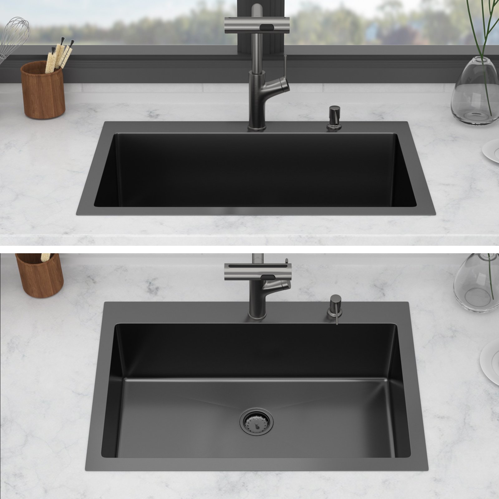 30" Drop In Kitchen Sink With Pull Out Faucet And Soap Dispenser 16 Gauge T 304 Single Bowl Topmount Sink - Gunmetal Black - Image 5