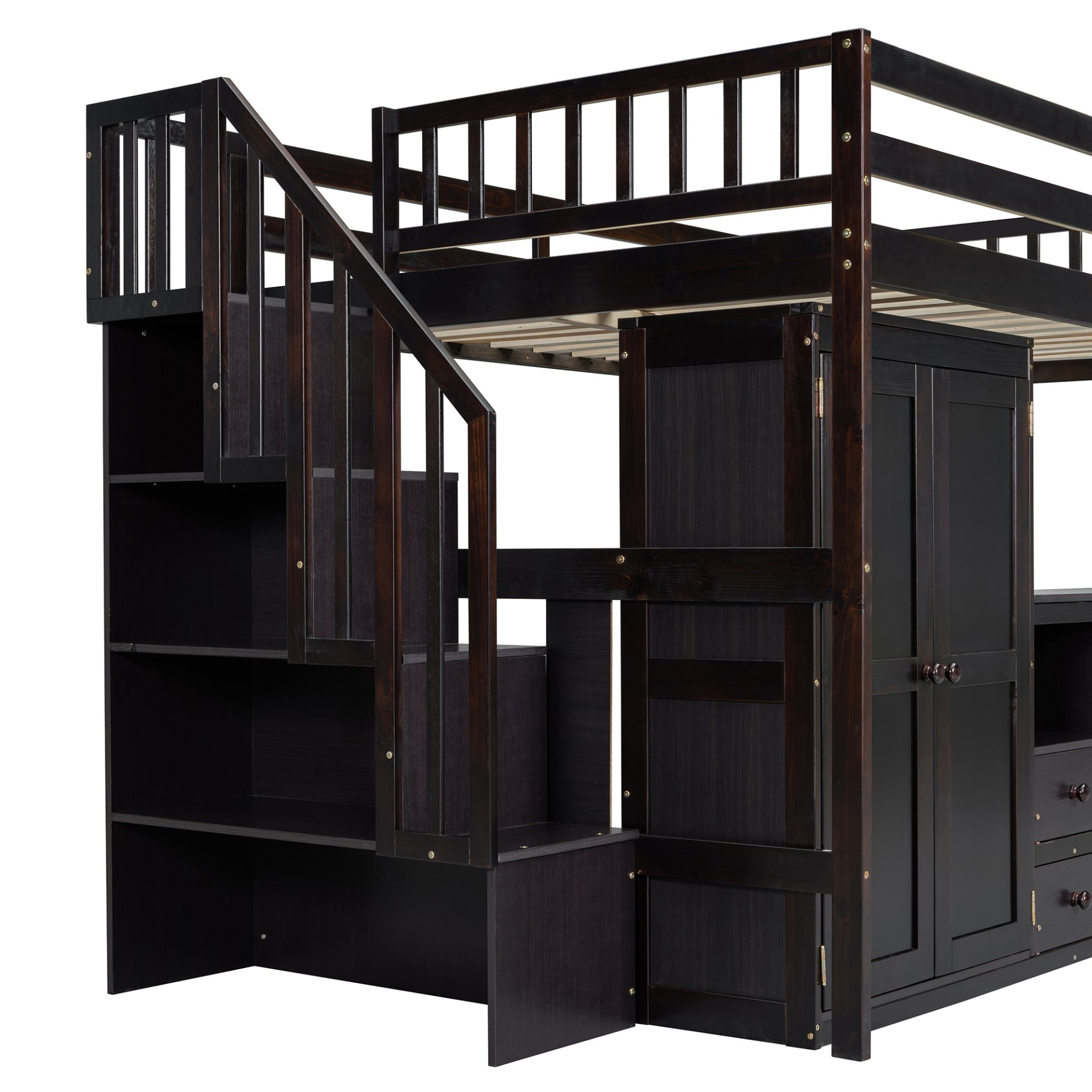 Full Size Loft Bed With Stairs, Bookshelf, Drawers, Desk & Wardrobe, Space Saving Multifunctional Furniture - Espresso - Image 4