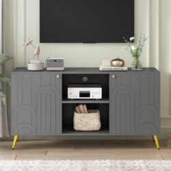 Modern TV Stand For TVs Up To 55", Entertainment Center Media Console, Adjustable Shelf, Metal Legs, Handles And Anti-Tip Device For Living Room - Gray