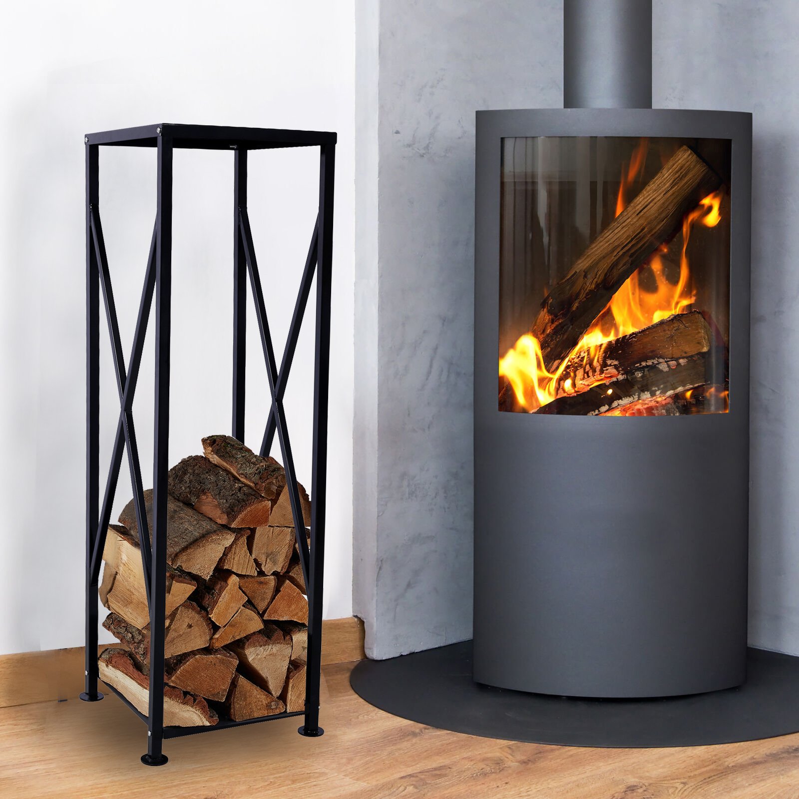 Decorative Firewood Storage Log Rack Holder For Outdoor Indoor Fireplace Fireplace Storage Log Rack Holder Wood Storage Logs Holder Fireside Holders - Black - Image 10