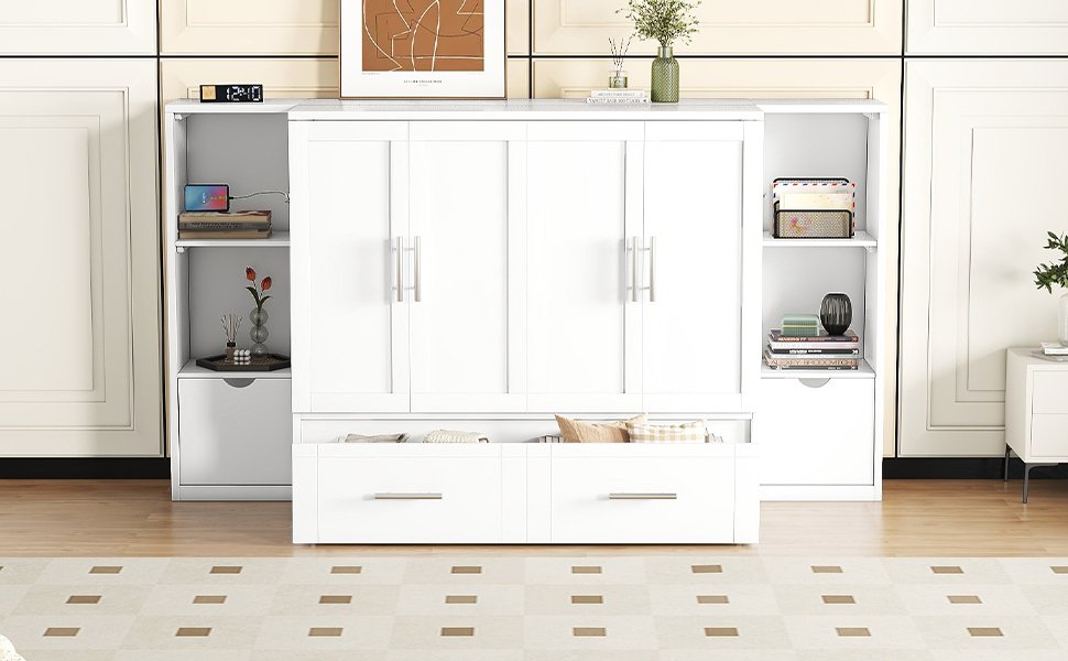Queen Size Murphy Bed With Shelves, Drawers And USB Ports - White - Image 13