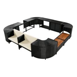 Spa Surround Spa Frame Quadrilateral Outdoor Rattan Sectional Sofa Set With Mini Sofa, Wooden Seats And Storage Spaces - Beige
