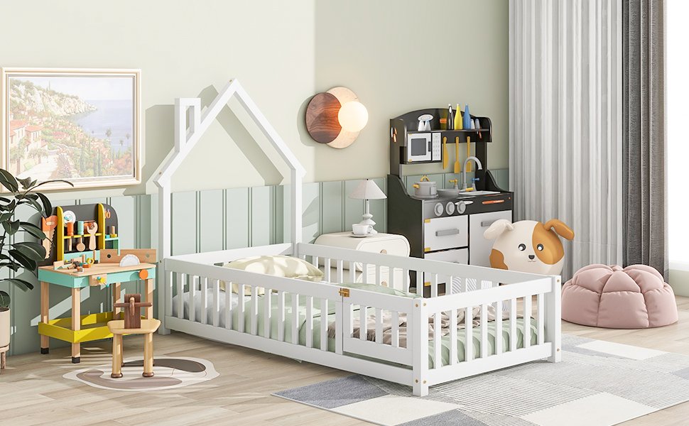 Twin House-Shaped Headboard Floor Bed With Fence - White - Image 6