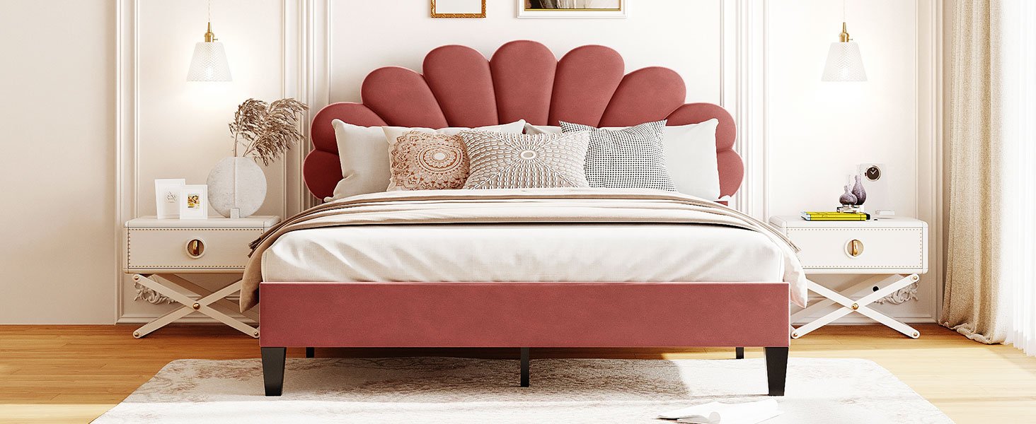 Queen Size Upholstered Platform Bed With Flower Pattern Headboard - Bean Paste Red - Image 13