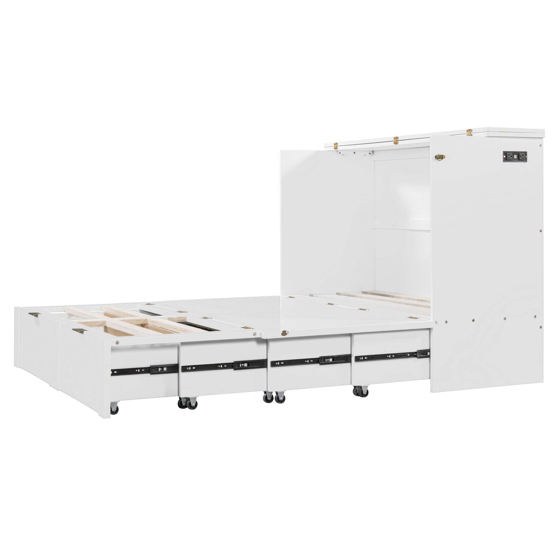 Full Size Murphy Bed With Drawer And A Set Of Sockets & USB Ports, Pulley Structure Design - White - Image 7