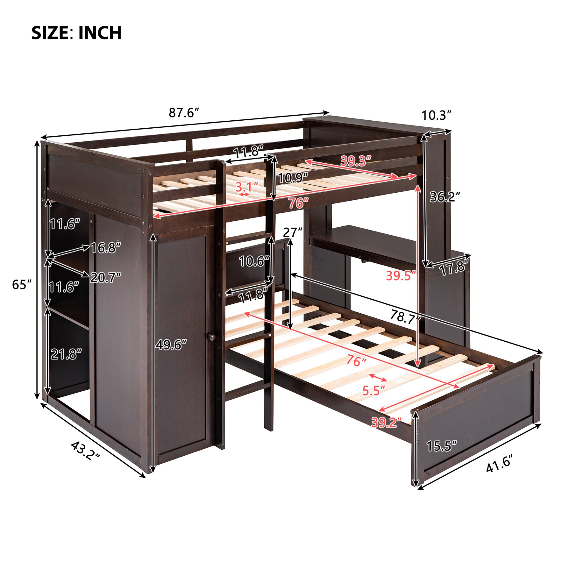Twin Size Loft Bed With A Stand Alone Bed, Shelves, Desk, And Wardrobe - Espresso - Image 16