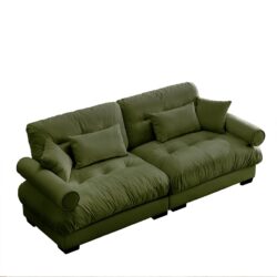 Modern Velvet Large 2 Seater Sofa With Bolstered Armrests And Pillows - Olive Green