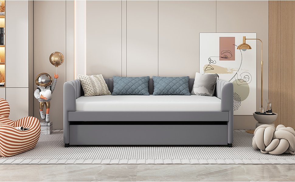 Twin Size Upholstered Daybed With Ergonomic Design Backrest And Trundle - Gray - Image 13