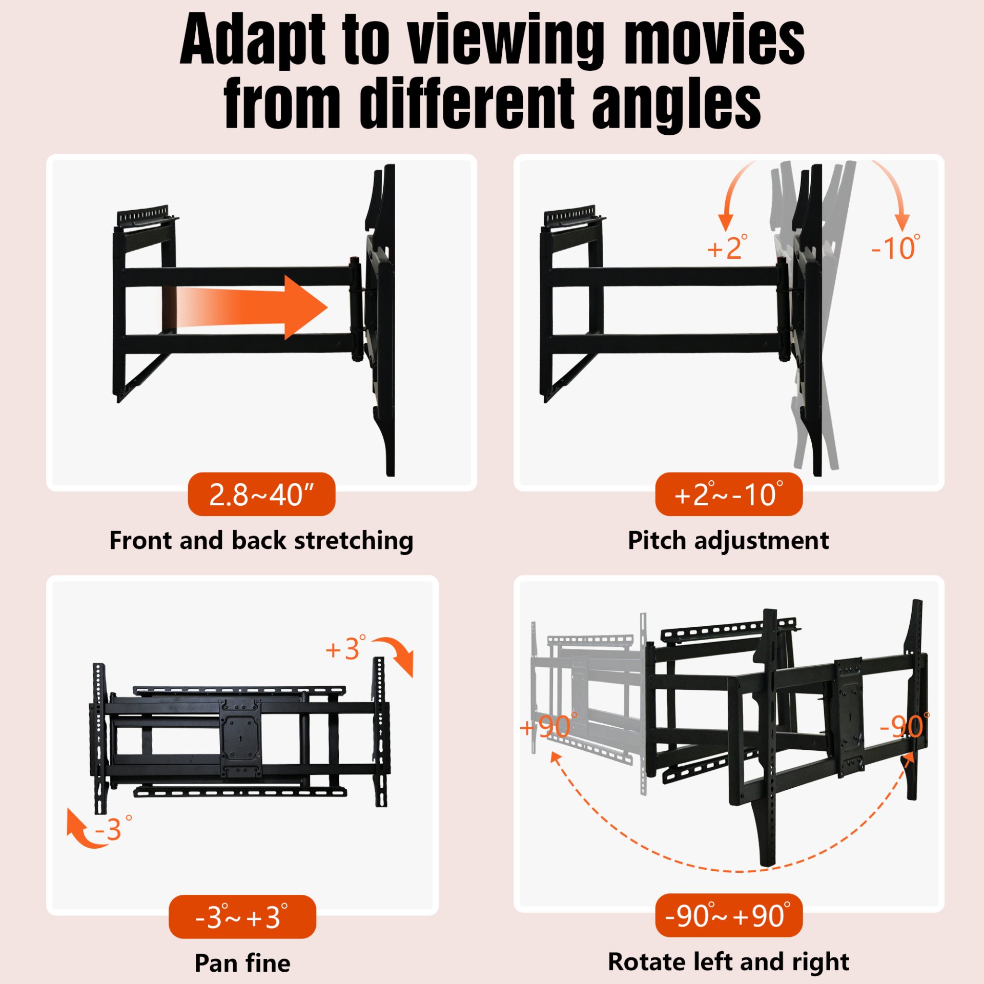 Full Motion TV Wall Mount Bracket For 40 120" TV Dual Arm Tilt & Swivel Vesa 800 X 400 Mm 132 Lbs Load - Black - Image 9
