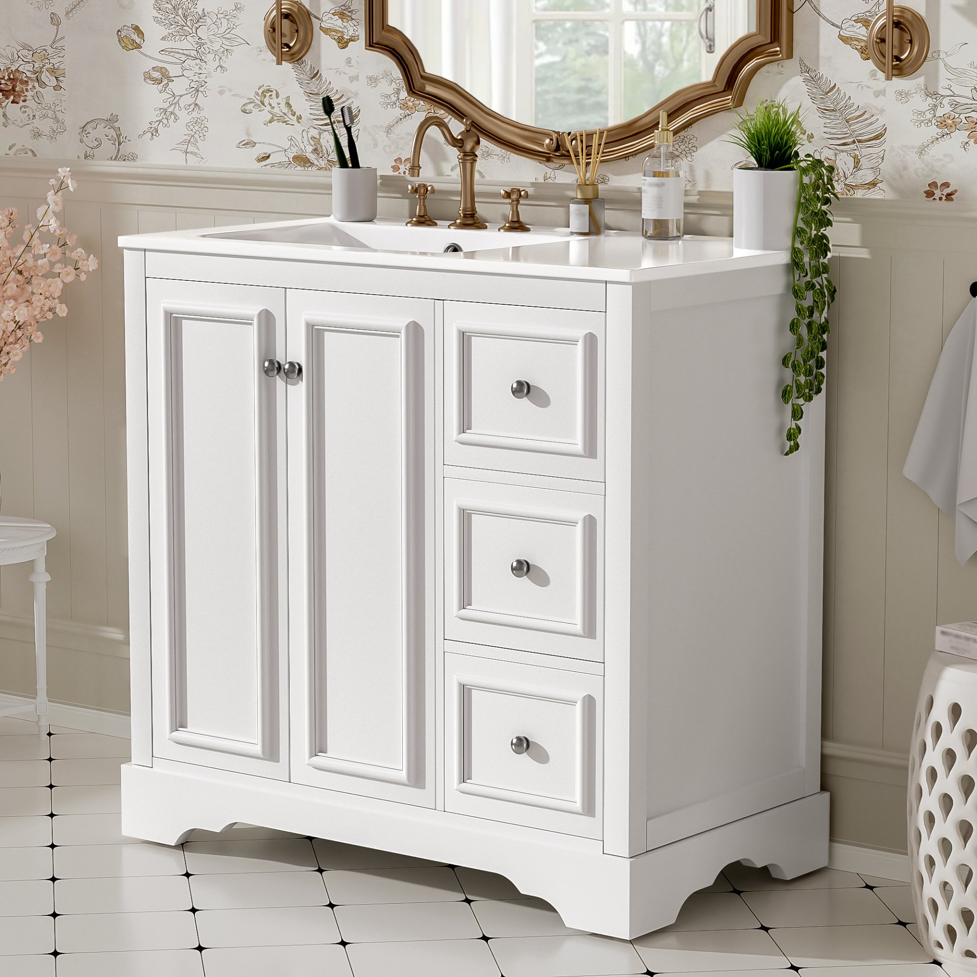 36" Transitional Bathroom Vanity With Sink, Soft Close Doors, Adjustable U Shelf, 3 Drawers - White - Image 5