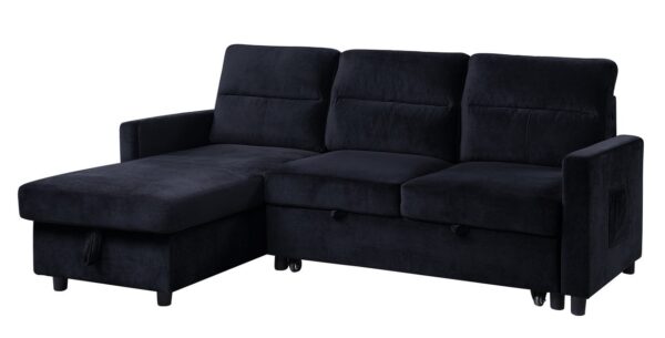 Ivy - Velvet Reversible Sleeper Sectional Sofa With Storage Chaise And Side Pocket - Black