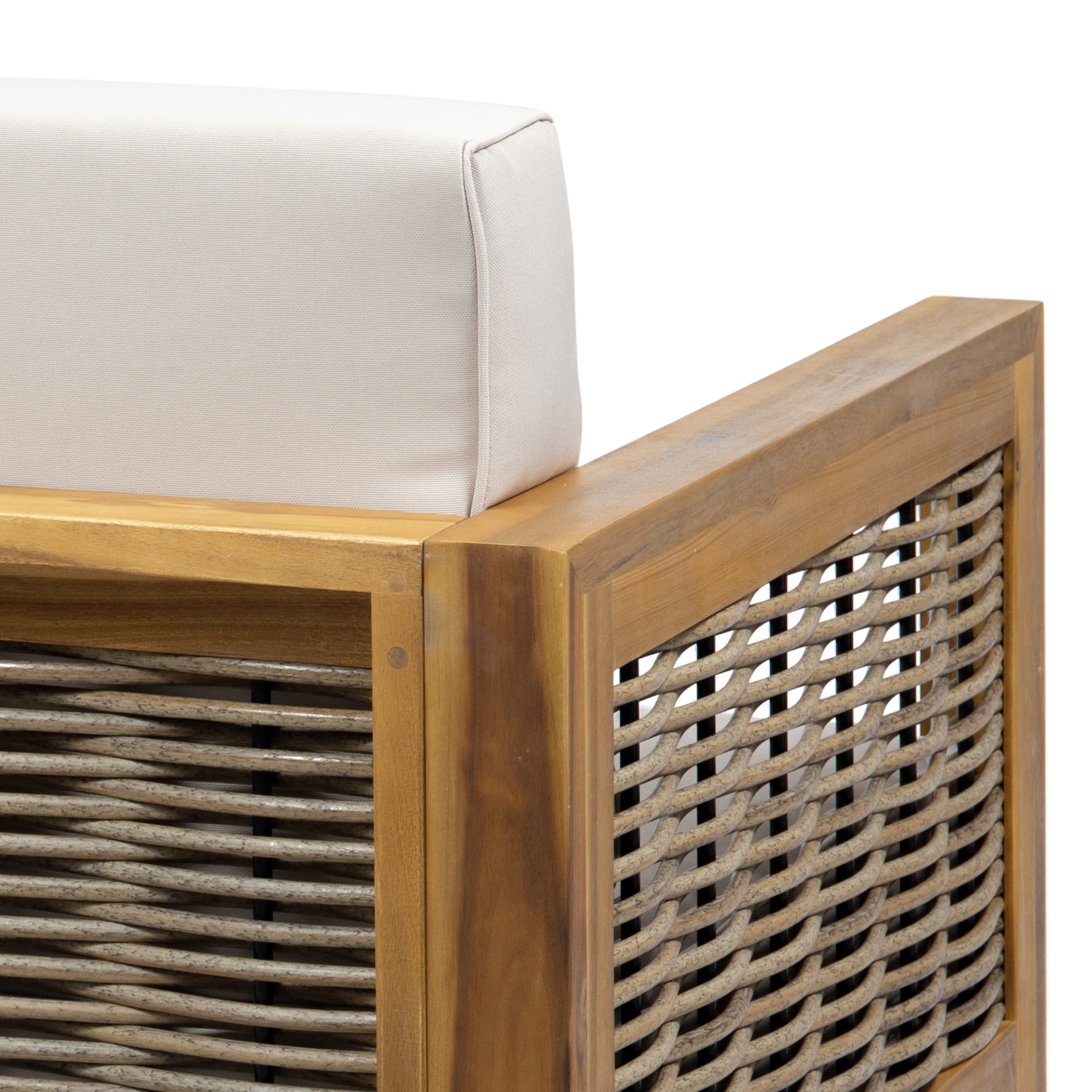 Outdoor 4 Seater Acacia Wood Chat Set With Wicker Accents And Cushions - Teak / Mixed Brown / Beige - Image 19