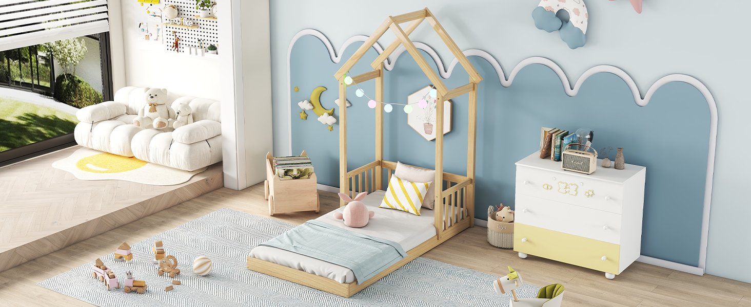 Twin House-Shaped Roof Headboard Floor Bed, (Without Slats) - Natural - Image 10