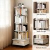 5 Tier Rotating Bookshelf With Wheels And Drawer, 360° Spinning Design, Space Saving Storage, For Home And Office - White - Image 9