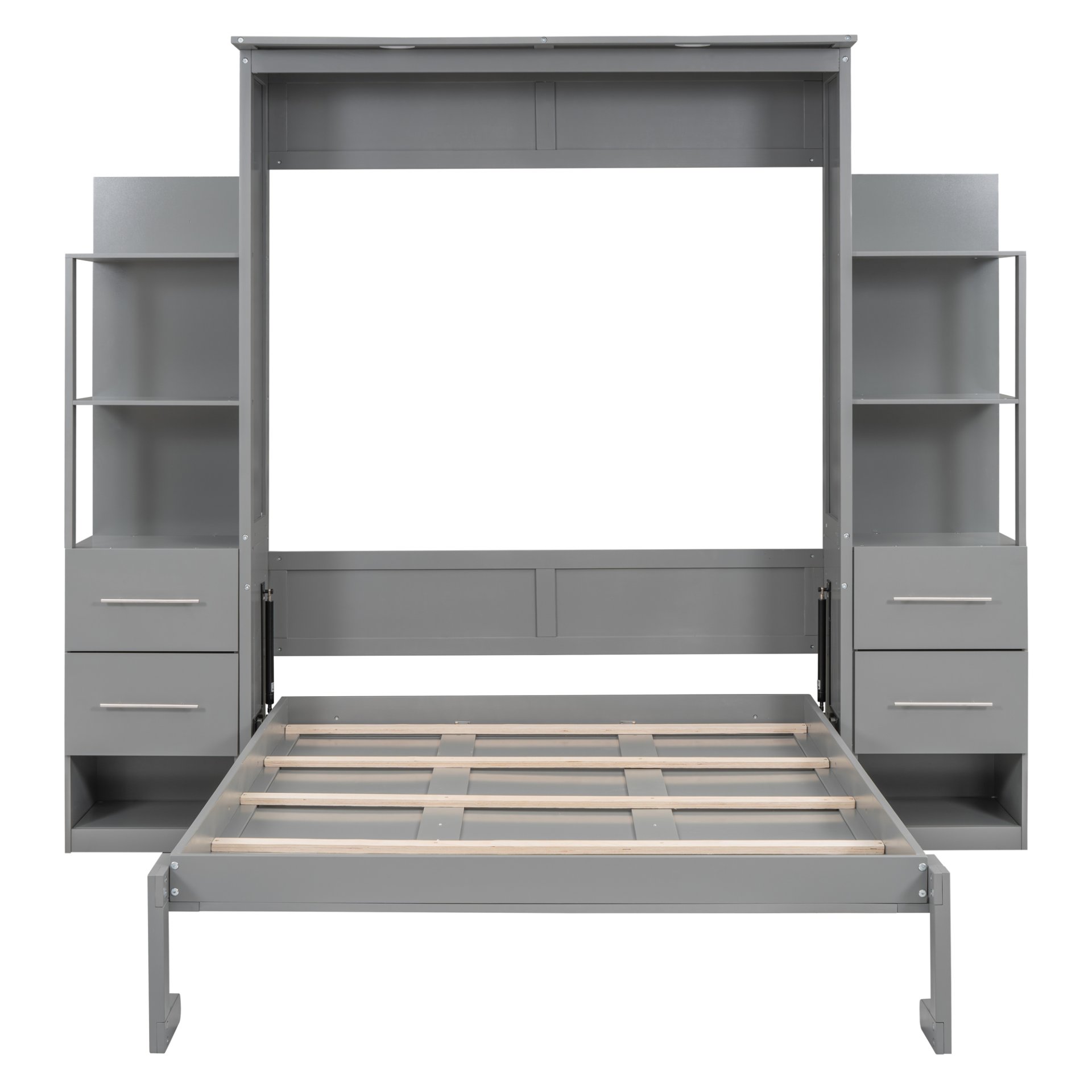 Full Size Murphy Wall Bed & Shelves, Drawers And LED Lights - Gray - Image 9