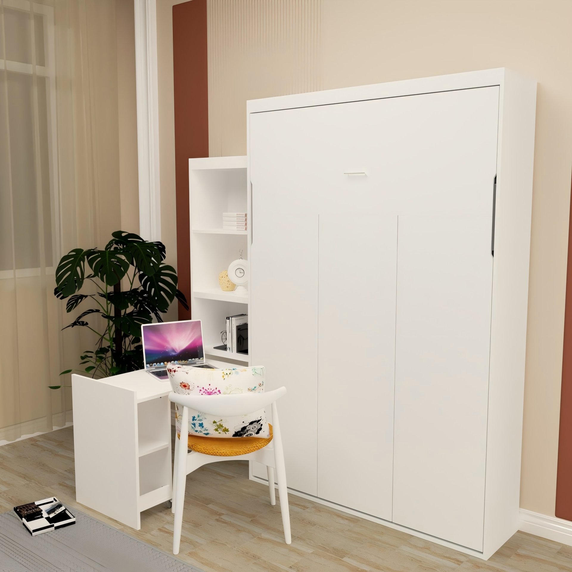 Queen Size Morden Deisgn Big Size Vertical Murphy Bed With Table And Shelf For Bedroom Or Guestroom Wall Bed Space Saving Hidden Bed With New Style Gas Struts - White - Image 5