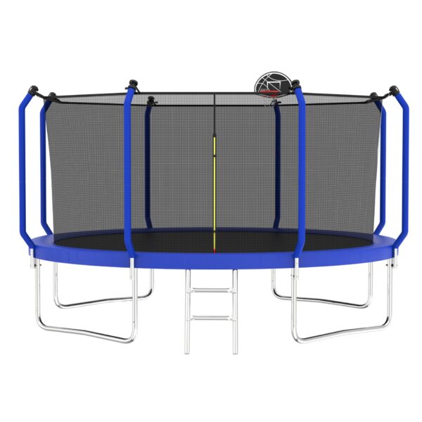 Trampoline With Basketball Hoop, Astm Approved Reinforced Type Outdoor Trampoline With Enclosure Net - Blue
