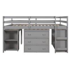 Full Loft Low Study Bed With Cabinet, Shelves And Rolling Portable Desk, Multiple Functions- Gray