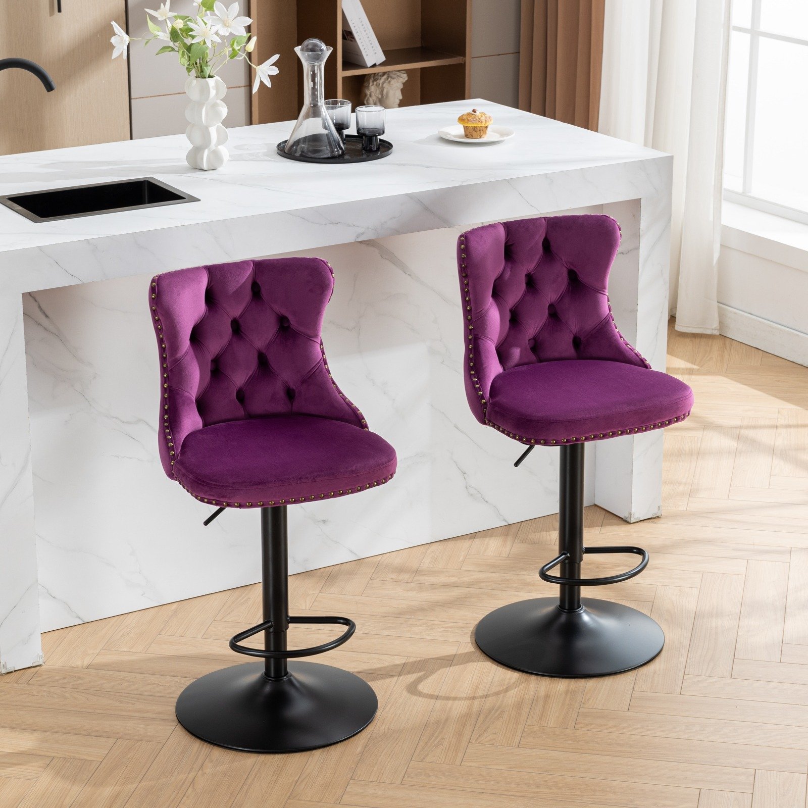 Swivel Velvet Barstools Adjusatble Seat Height, Modern Upholstered Bar Stools With Backs Comfortable Tufted For Home Pub And Kitchen Island (Set of 2) - Purple - Image 17