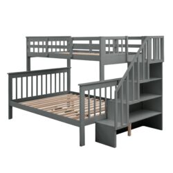 Twin Over Full Bunk Bed Stairway With Storage And Guard Rail For Bedroom - Gray