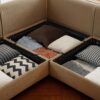 Elegant Chenille Sofa With Storage Seat And Ottoman U Shaped 3 Seater Cylindrical Backrest And Armrests - Camel - Image 4