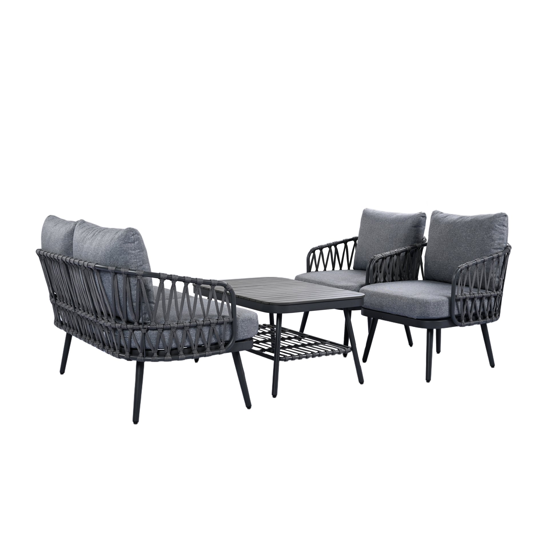 4 Piece Outdoor Patio Furniture Set, Metal Chairs With Woven Rope U Shaped Backrest, Outdoor Conversation Set With Thick Cushions And Coffee Table For Garden, Poolside, Balcony - Black / Gray - Image 7