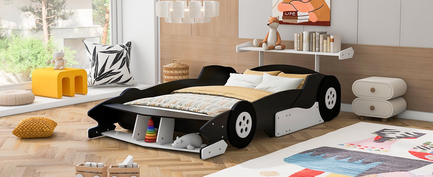 Full Size Race Car Shaped Platform Bed With Wheels - Black - Image 16