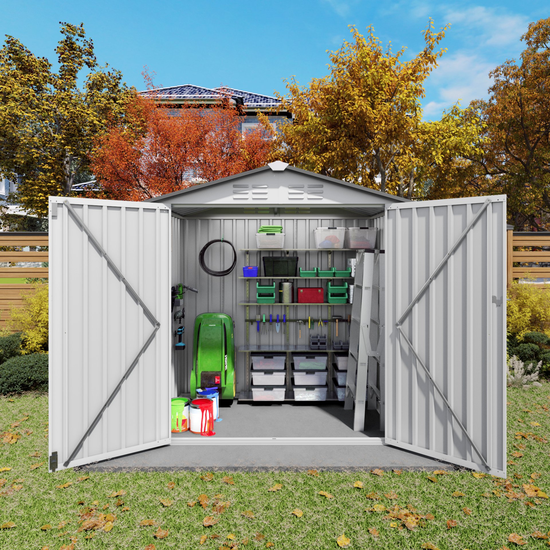 Garden Tool Shed, Storage Shed With Peaked Roof Waterproof Lockable Door - White / Gray - Image 6