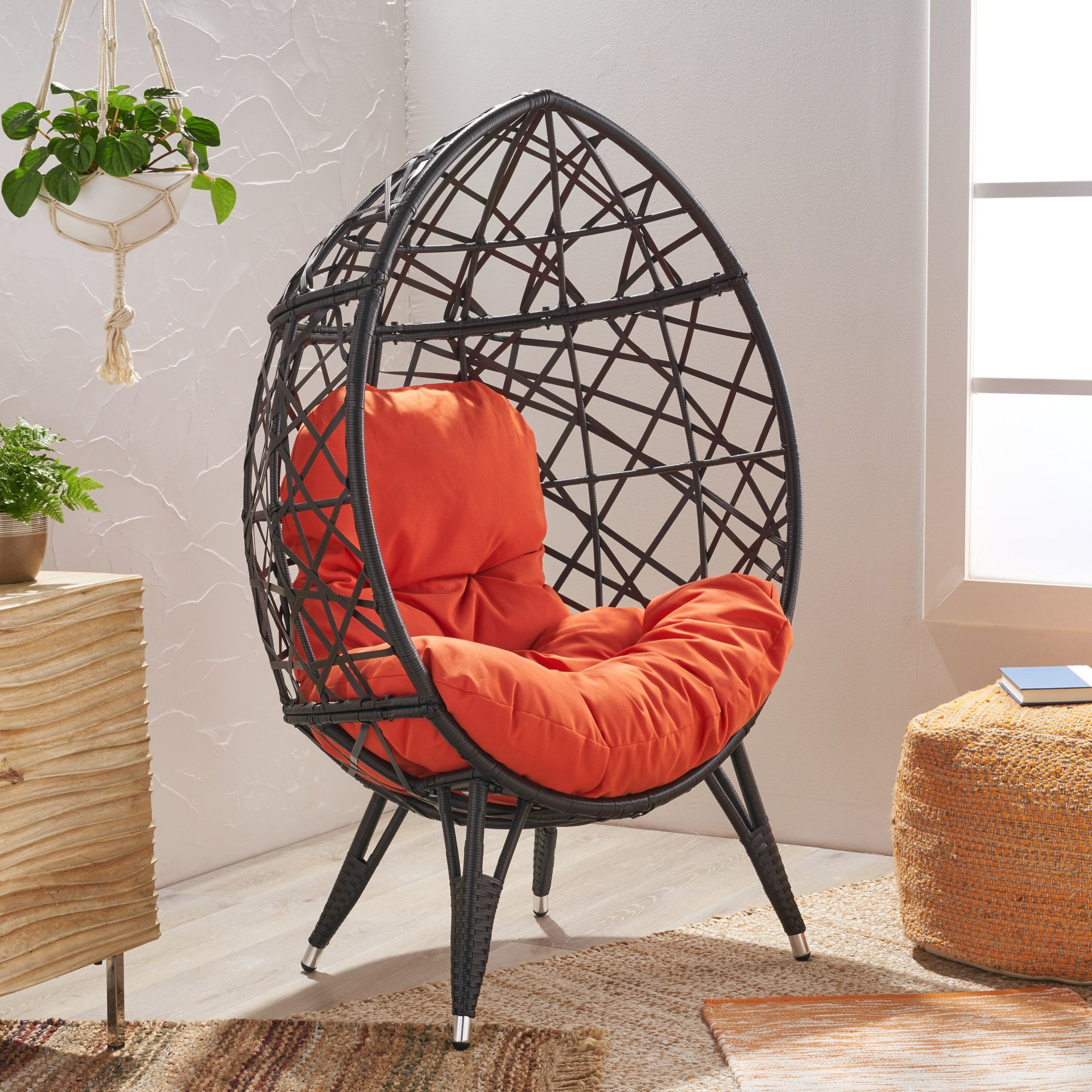 Outdoor Wicker Teardrop Chair With Cushion - Orange / Brown - Image 5