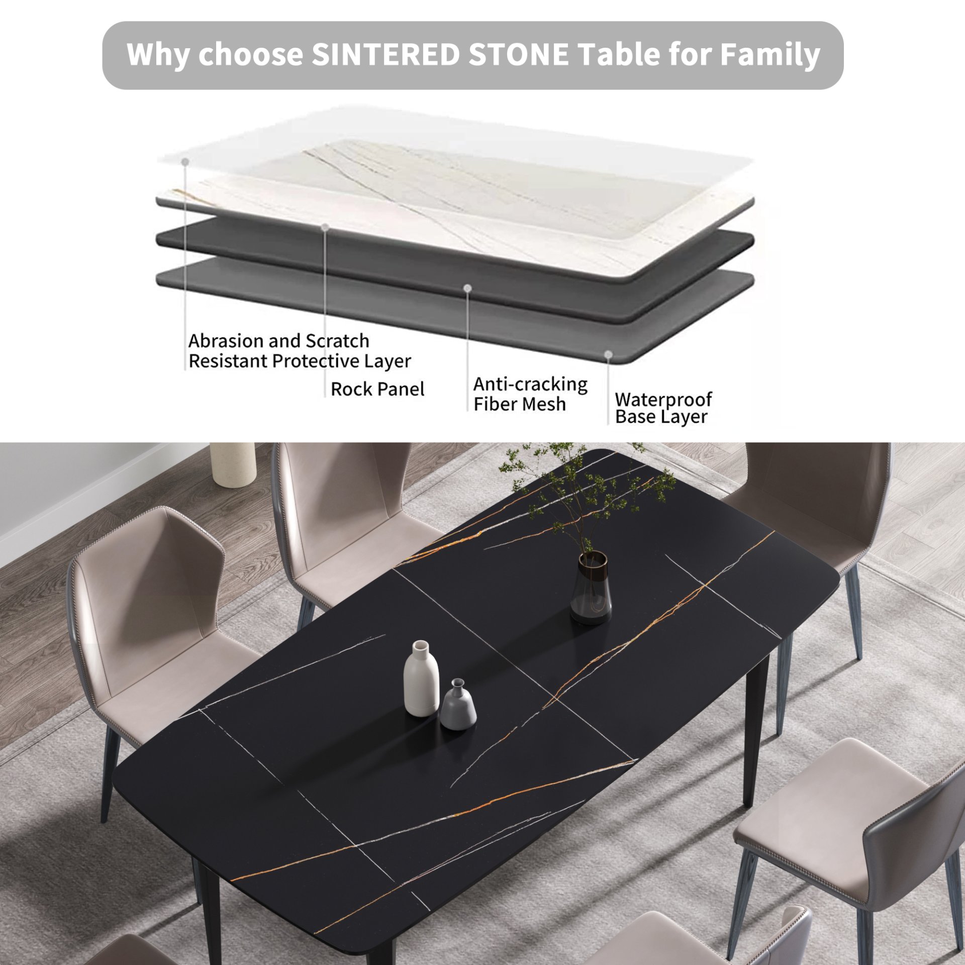 70.87" Modern Artificial Stone Curved Metal Leg Dining Table, Can Accommodate 6-8 People - Black - Image 11