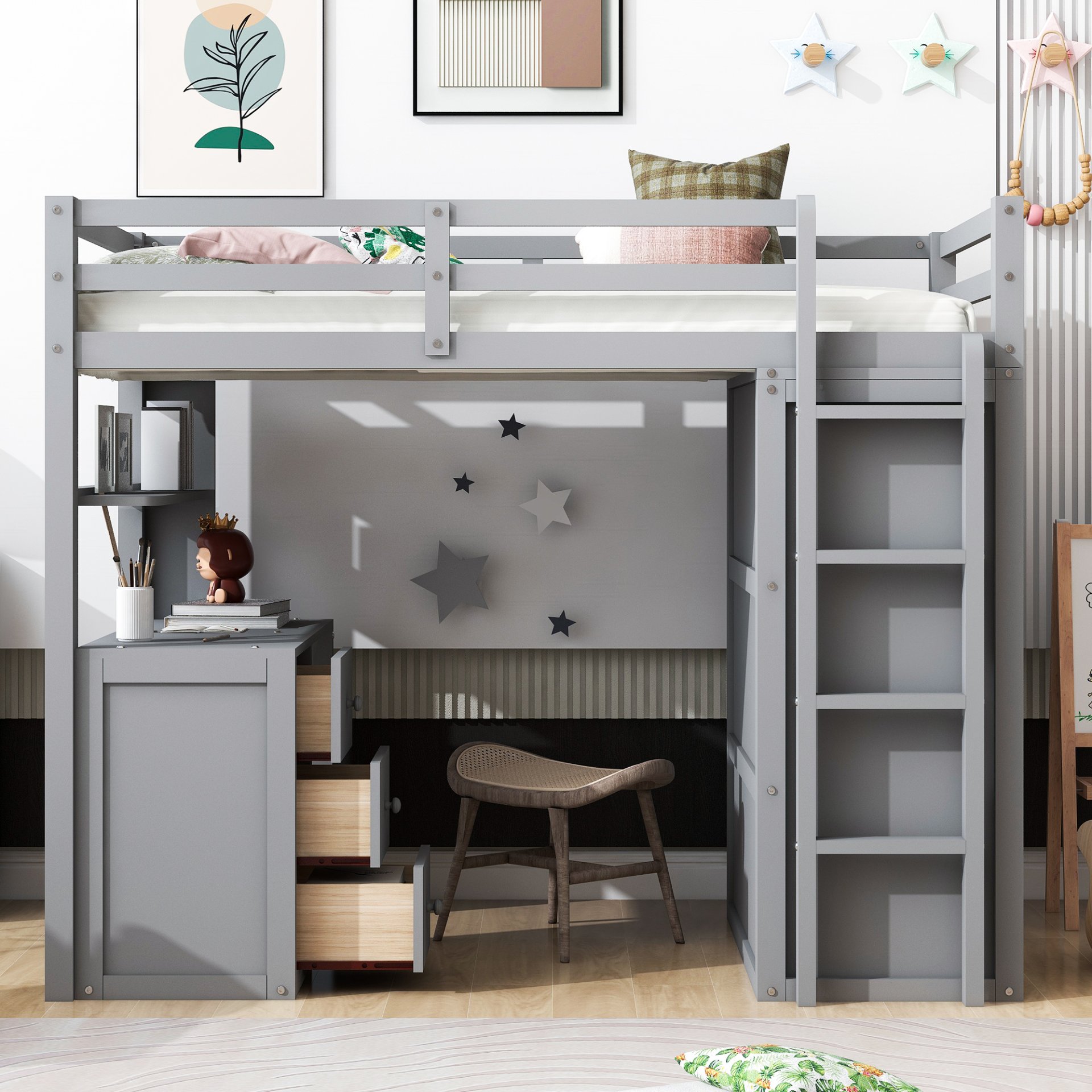 Twin Size Loft Bed With Drawers, Desk, And Wardrobe - Gray - Image 3