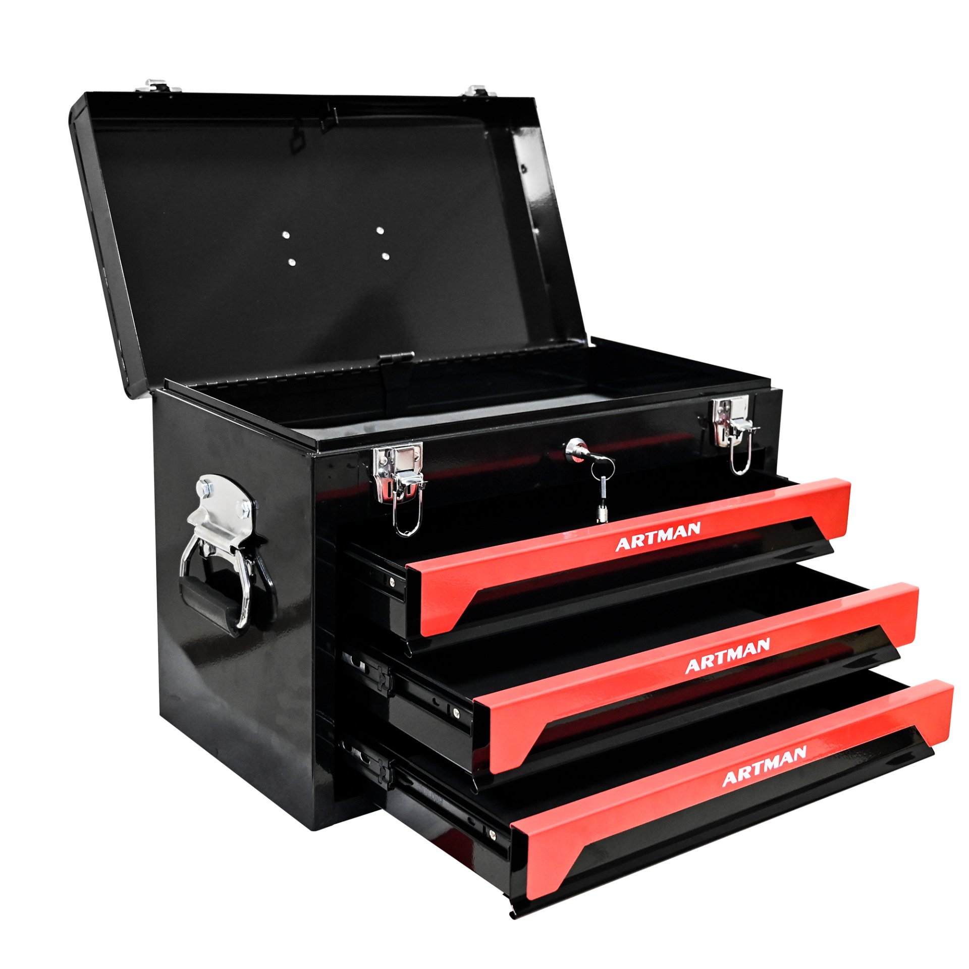 Portable 20" Steel Tool Box With 3 Drawers And Metal Latch Closure - Black / Red - Image 4