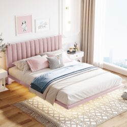 Queen Size Upholstered Bed With Sensor Light And Headboard, Floating Platform Bed - Pink