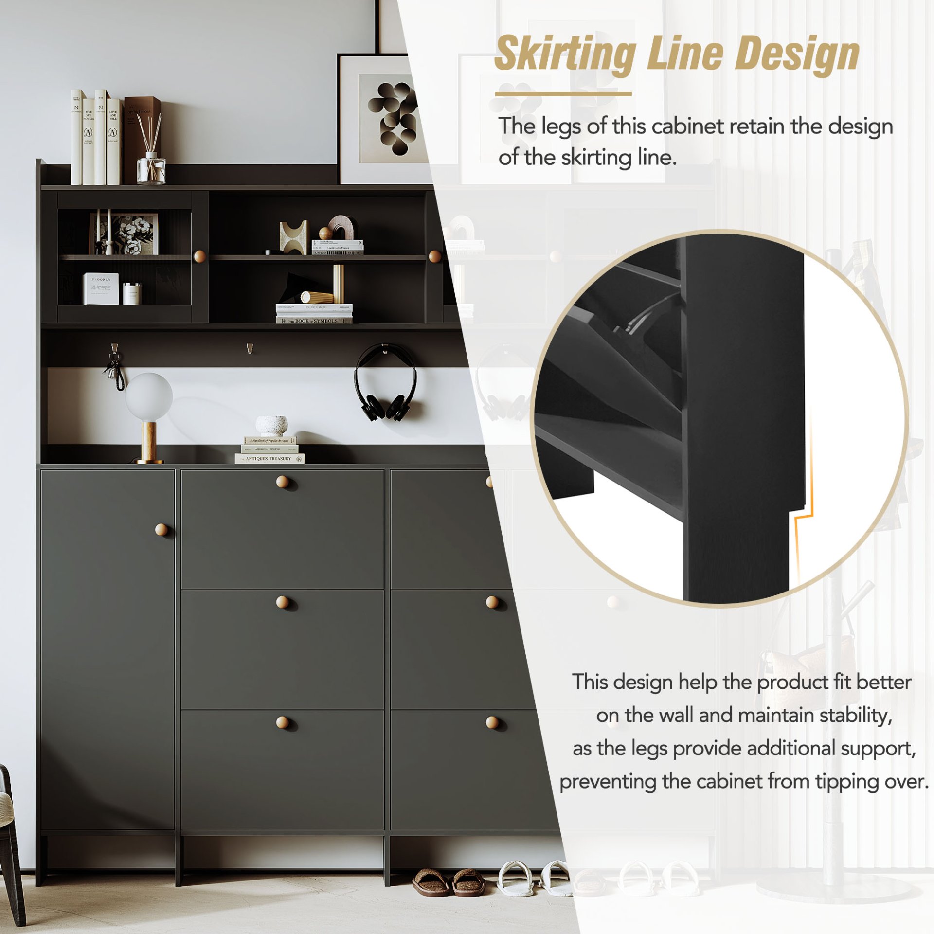 Multifunctional Tipping Bucket Shoe Cabinet With Storage Shelf & 6 Flip Drawers, Large Hall Tree With Tempered Glass Doors, Foyer Cabinet With 4 Hooks For Hallway - Black - Image 7
