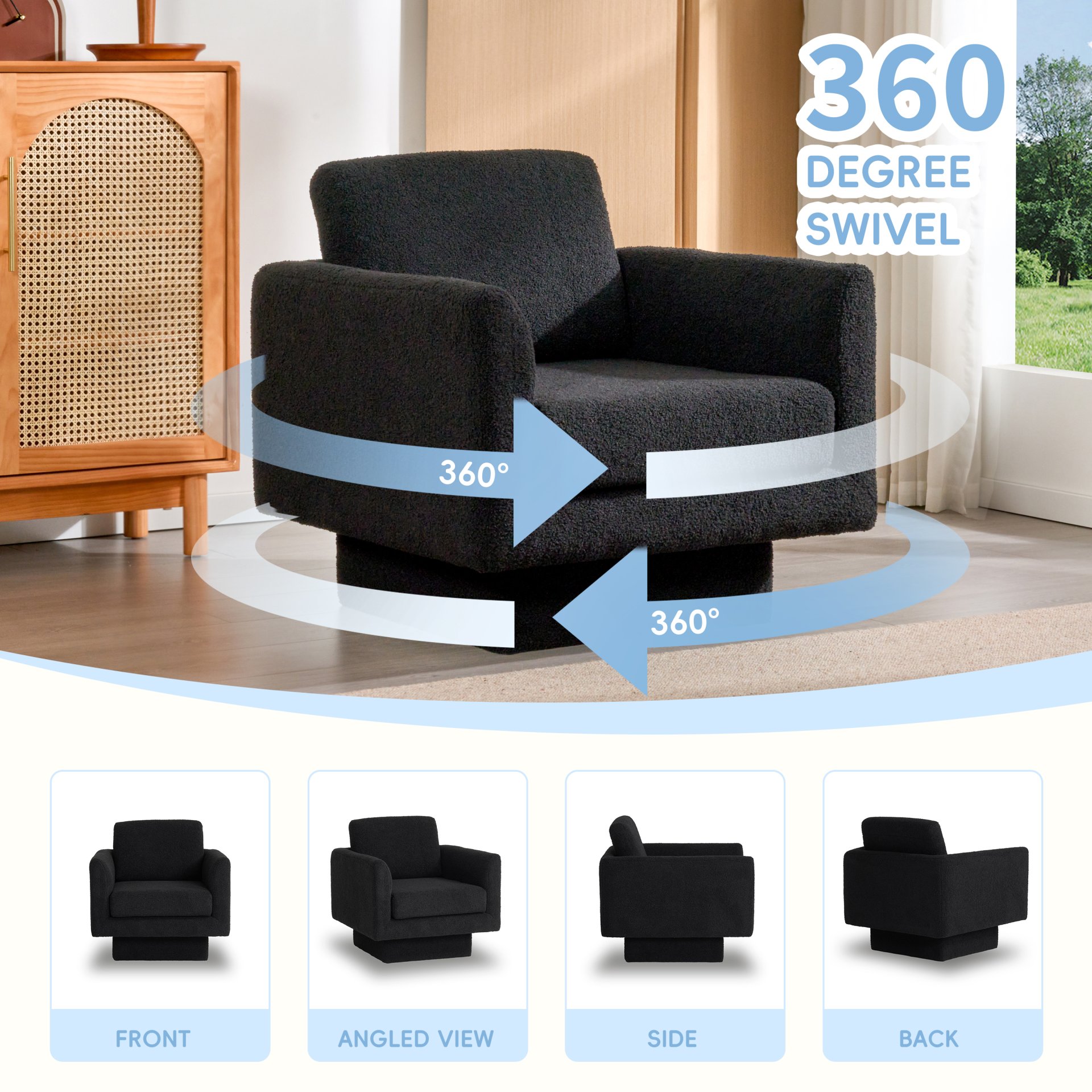 360° Modern Swivel Accent Chair Round Armchair, Thick Padded Single Lounge Sofa Upholstered Comfy - Black - Image 4