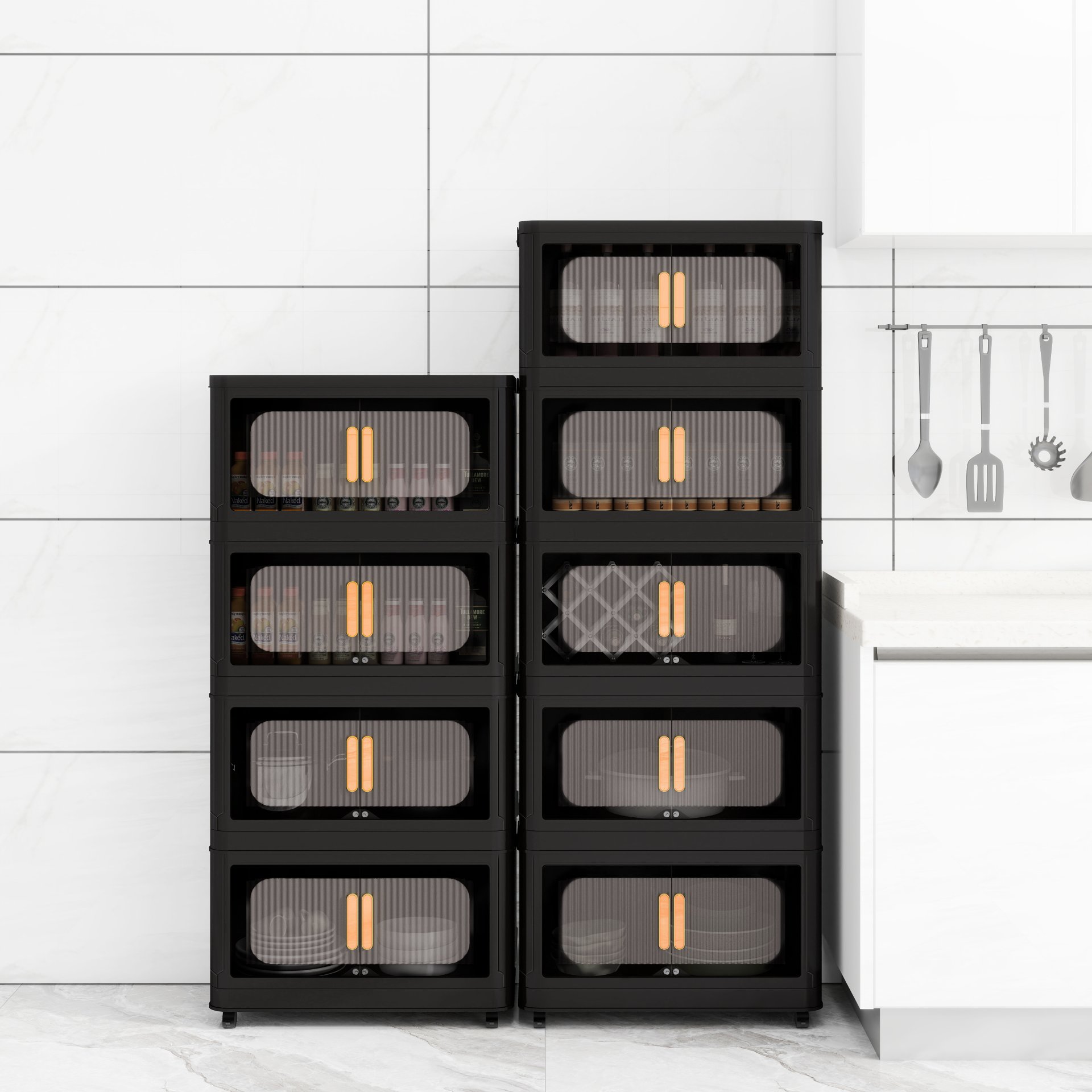 Folding Storage Cabinet 5 Tier Wide Plastic With Magnetic Doors And Wheels - Black - Image 9