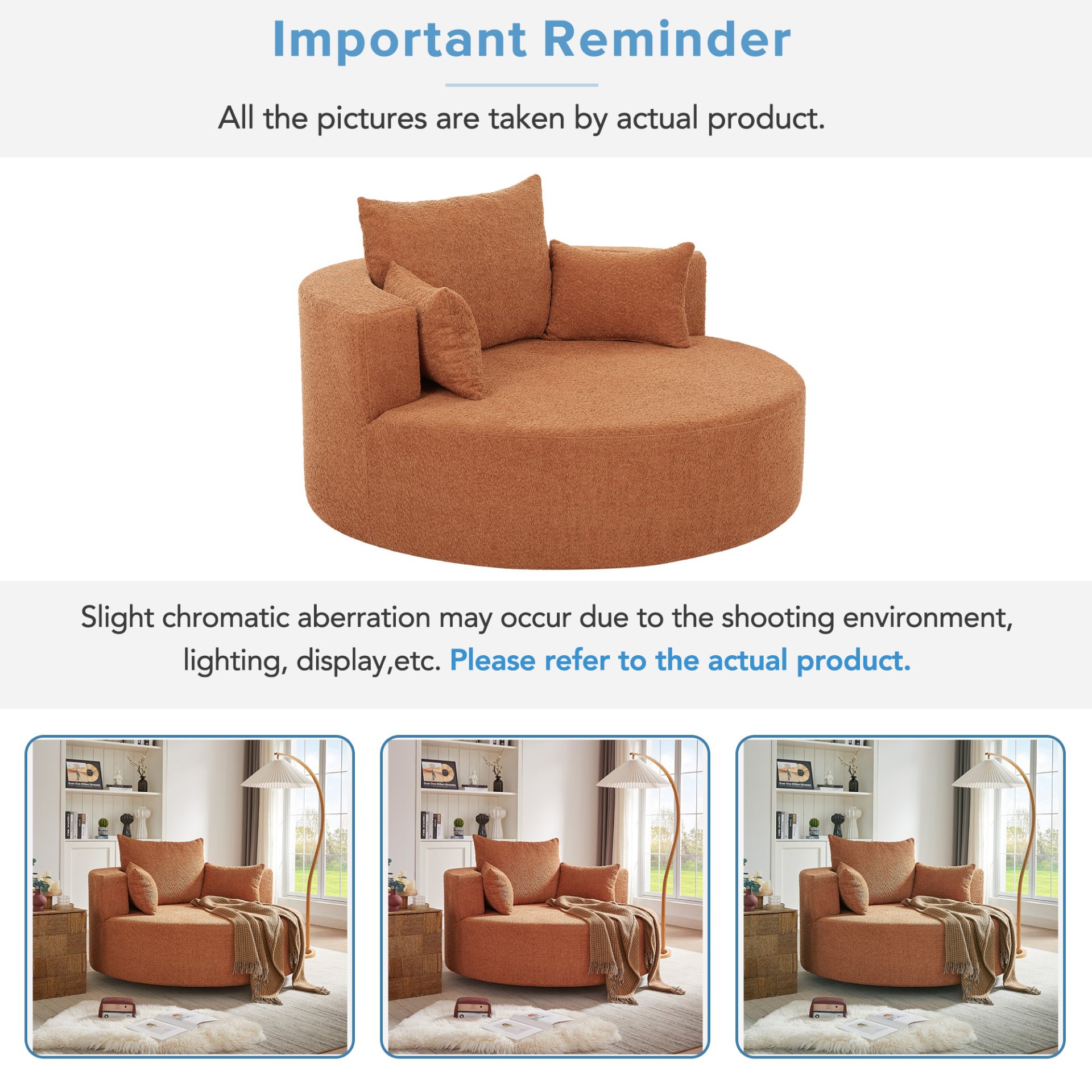 360° Swivel Chair Accent Barrel Chair Swivel Round Sofa Chair With 3 Removable Pillows For Living Room, Office And Hotel - Orange Red - Image 9