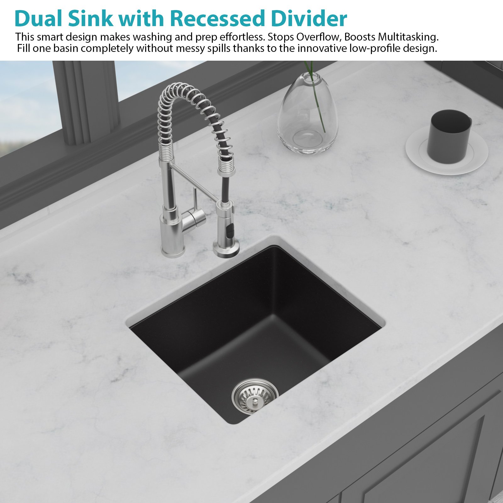 Undermount Single Bowl Kitchen Sink, With Durable Non Porous Surface - Black - Image 7