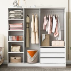 Doorless Storage Wardrobe For Dedroom With Shelves And 3 Drawers - White