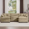 Oversized Modular Cushion Sofa Set With Portable Ottoman L Shaped Corner Low Back Deep Seating In Corduroy - Tan - Image 12