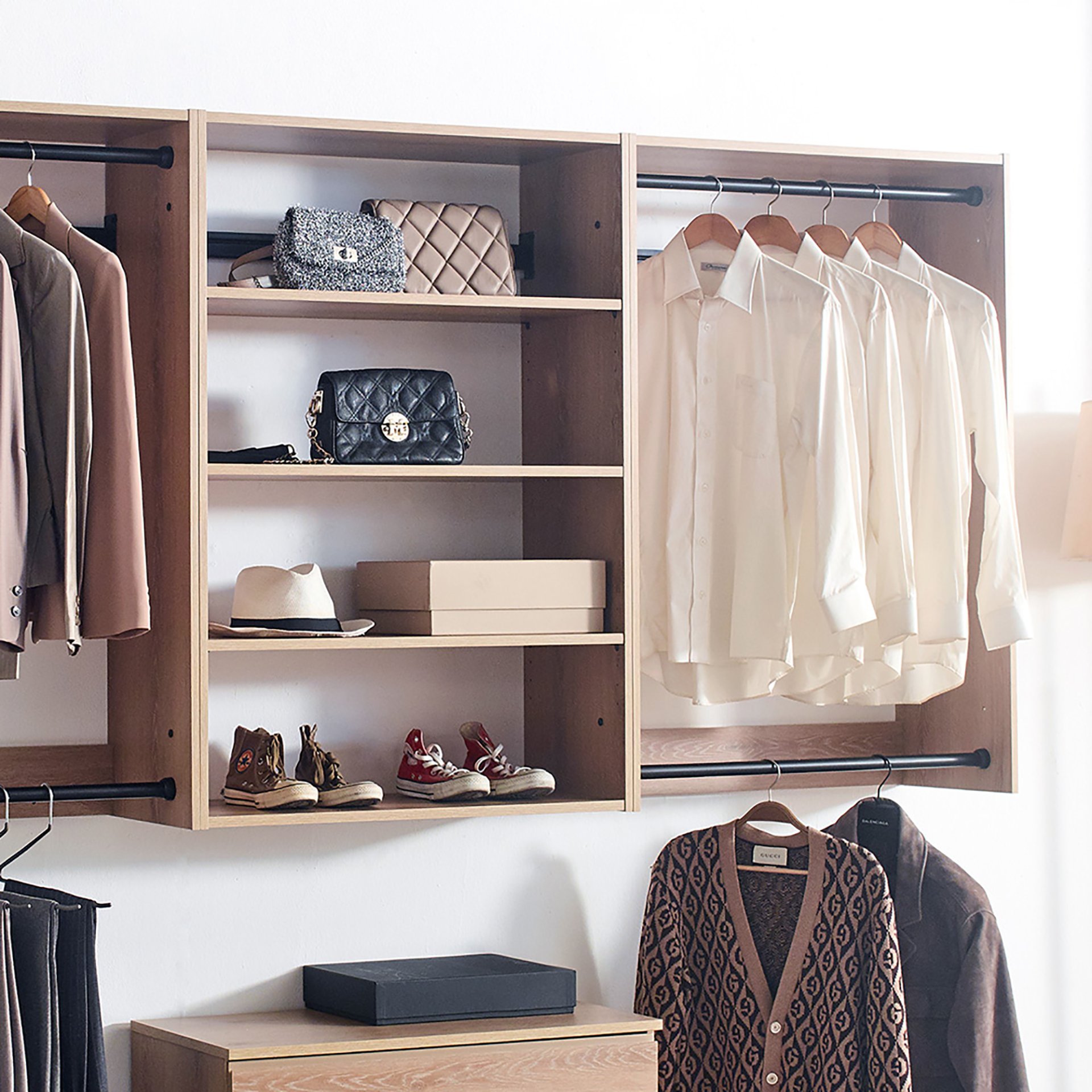 Devi - Wall Mounted Wood Closet System, Modular Units And Warm - Oak - Image 6