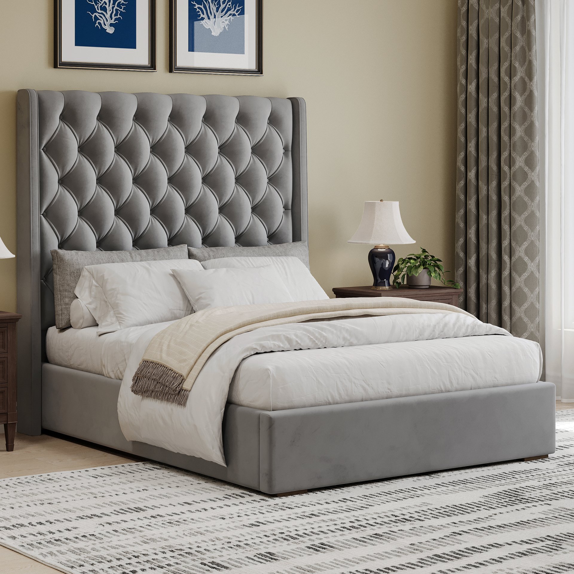 Tall Headboard Upholstered Queen Size Bed With Handmade Deep Button Tufted, Box Spring Needed, Velvet - Gray - Image 2