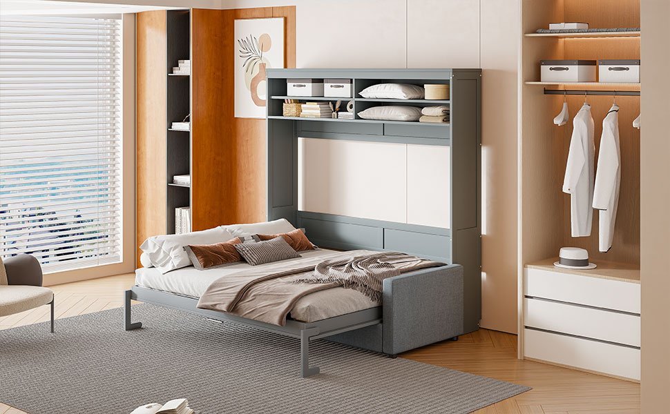 Queen Size Murphy Wall Bed With Sofa - Gray - Image 26