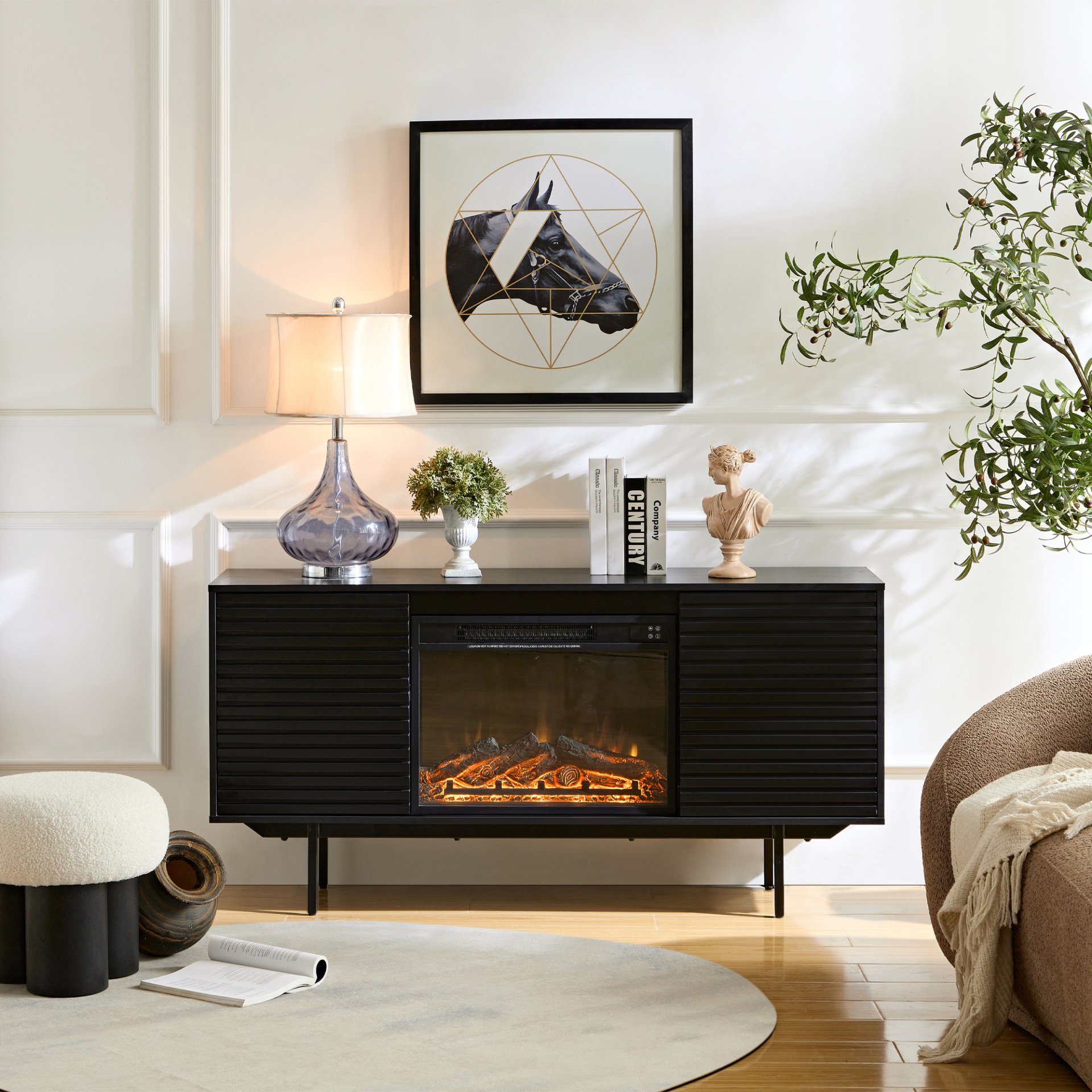 Oak Board Cabinet, The Middle Layer Board On Both Sides Of The Cabinet Can Be Adjusted, The Furnace Is Embedded In The Middle Grid With The Remote Control - Black - Image 4