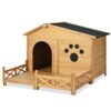 Wooden Dog House Outdoor With Porch, Dog Kennel With Water Resistant Asphalt Roof And Fencing, Indoor & Outdoor Dog Crate With Paw Print, Medium - Nature - Image 9