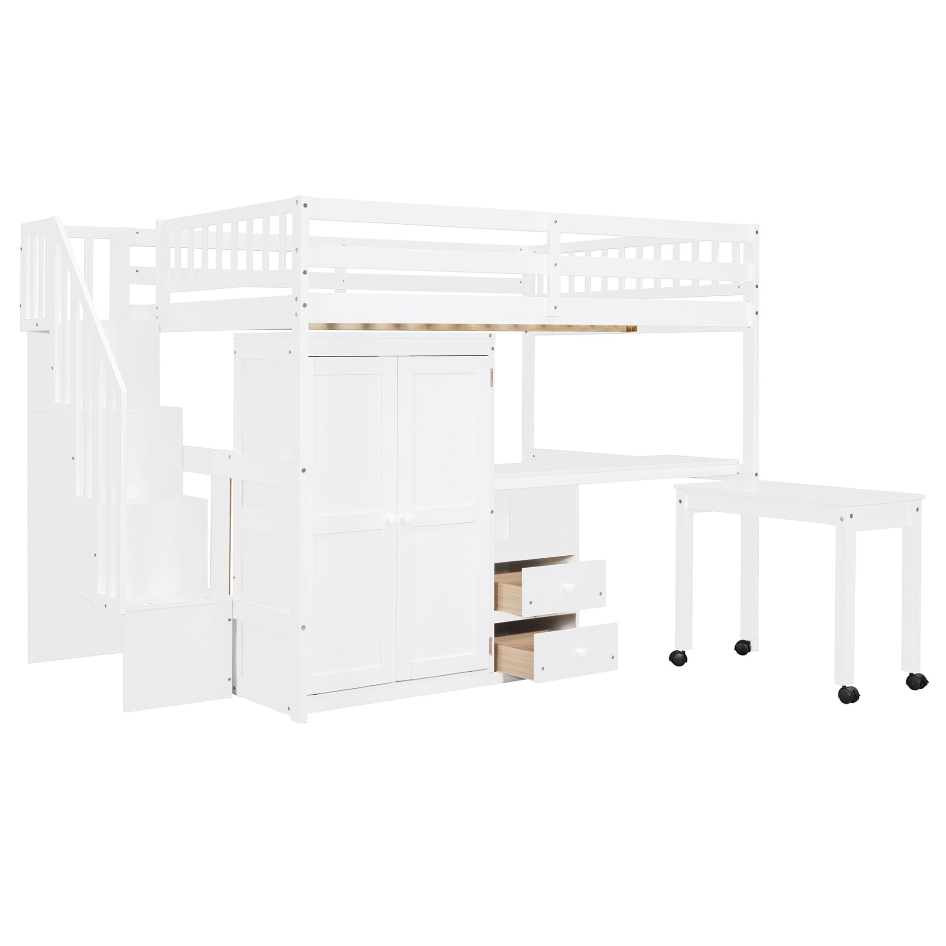 Full Size Loft Bed With Stairs, Bookshelf, Drawers, Desk & Wardrobe, Space Saving Multifunctional Furniture - White - Image 19