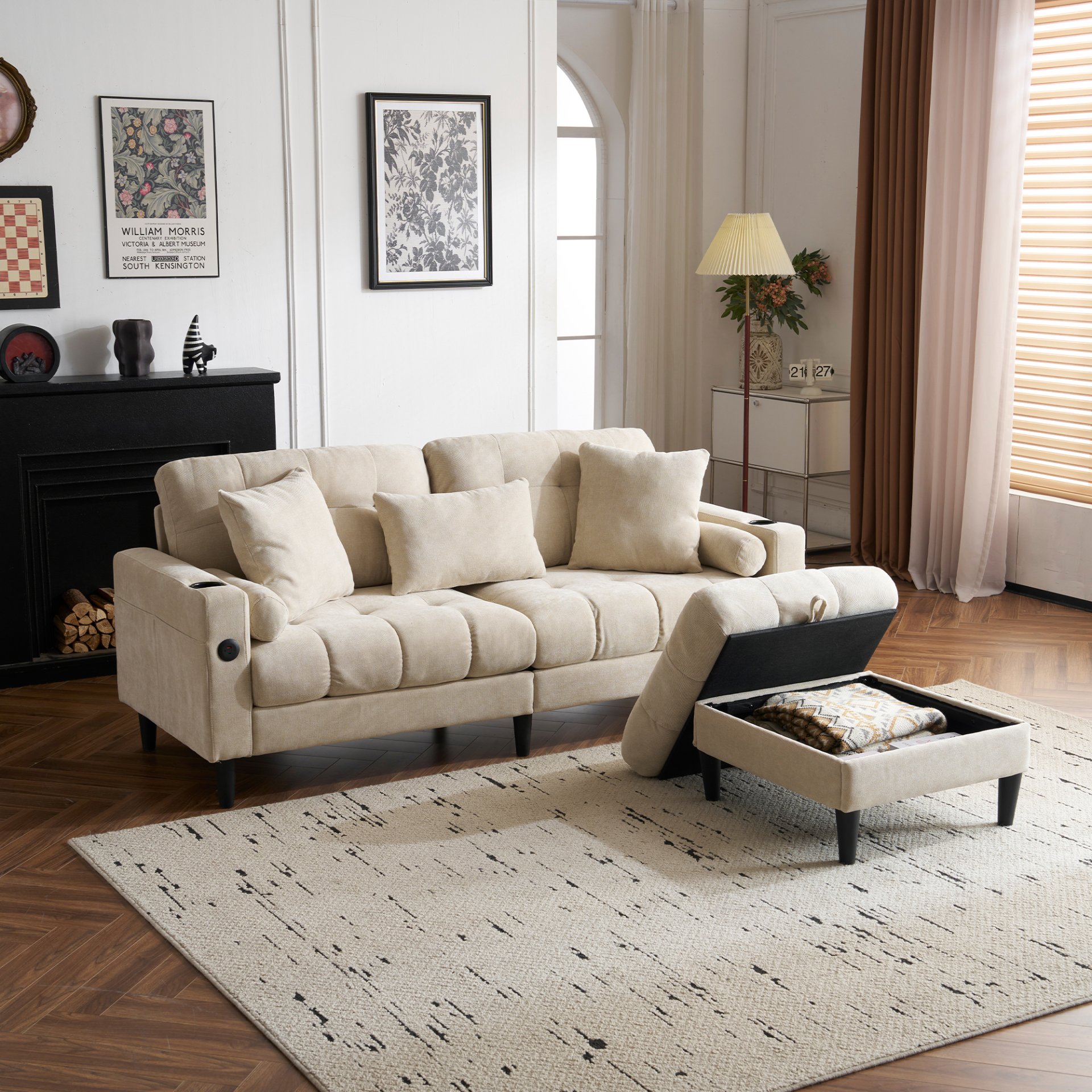 3 Seat L-Shaped Chenille Sofa With Removable And Storage Ottoman, Side Storage, And USB / C - Type Charging Ports Sofa For Living Room, Bedroom, Apartment - Beige - Image 4