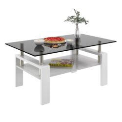 Modern Rectangular Coffee Table With Tempered Glass Top Layer, Table For Living Room - Gray